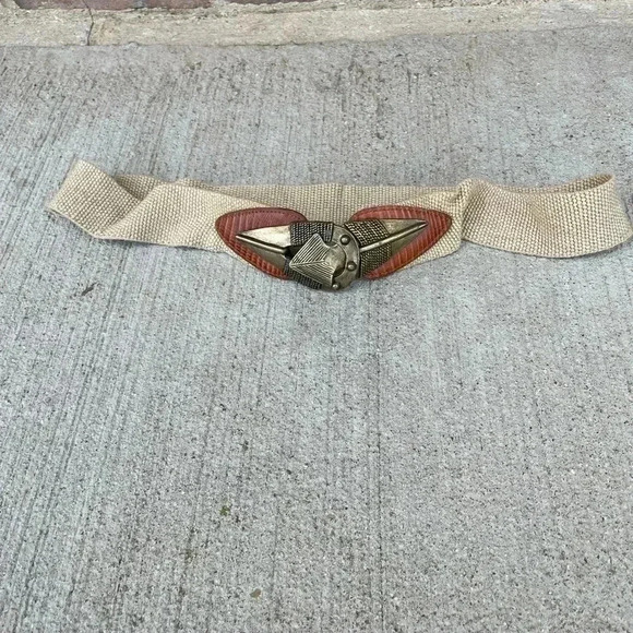 Omega Accessories - Vintage OMEGA Arrowhead Arrow Metal Buckle Stretch Belt Tan Brown Natural Large